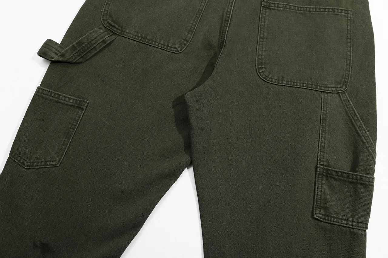 p260 (detail picture) 637#Gallery Dept New style splashed ink and paint washed military green splicing bootcut jeans olive green overalls jeans versatile casual pants washed olive green S~XL